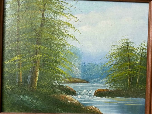 Altes Bild handgemaltes Ölgemälde Natur Landschaft Quelle Fluss Holzrahmen  - Bild 10 von 10