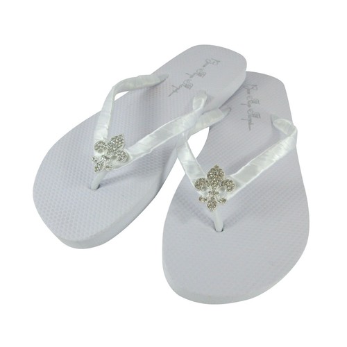 Rhinestone Lace Embellishment Flip Flops - White Flat with Satin Ribbons - Women - Picture 14 of 15