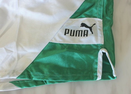 Puma Men Short Vintage Shiny White Green Football Running Retro 80s 90s Racing S - Picture 2 of 8