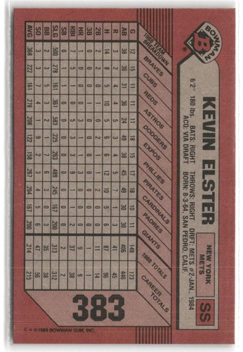 Kevin Elster 1989 Bowman #383 NR MNT or BETTER Set-Break - Picture 2 of 2