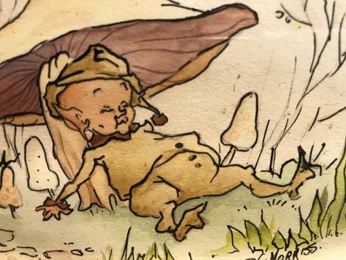 Original Watercolor Art Elf Pixie Sleeping under Mushroom SG Norriss Wood Frame - Picture 3 of 6