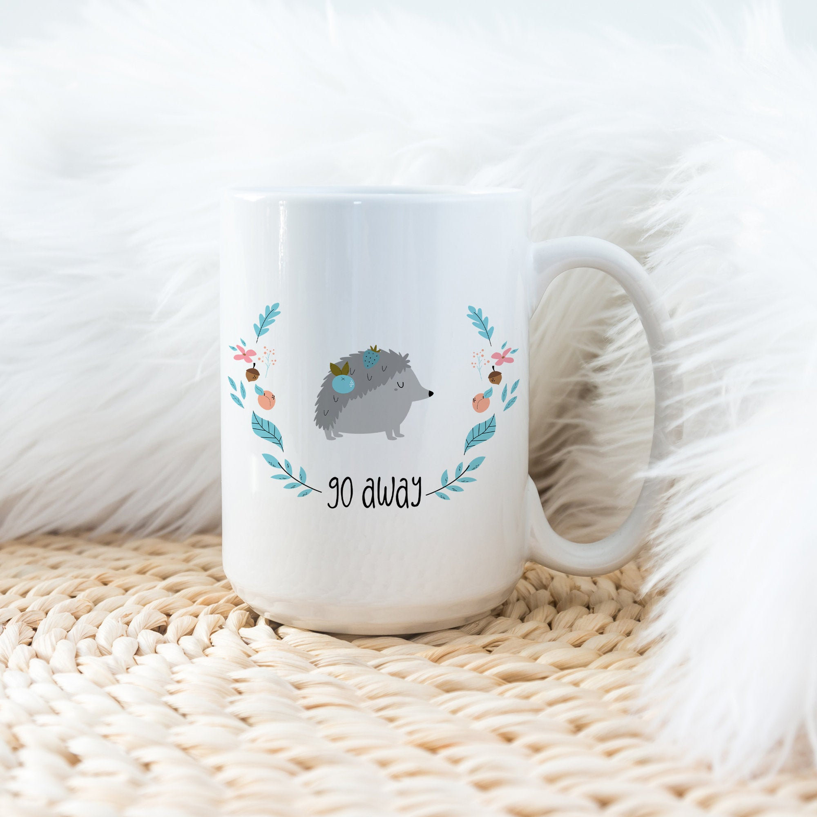 Floral Woodland Hedgehog White Ceramic Coffee Mug with Pastel Watercolor Design