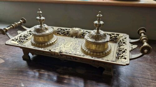 Antique Heavy Brass Ink Stand Double Inkwell Desk Tidy 3 Kg - Picture 2 of 23