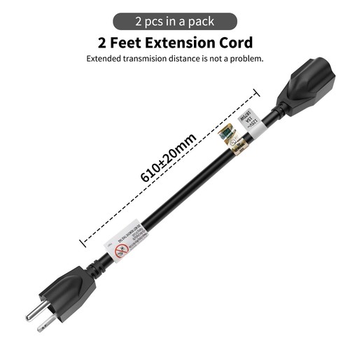 Black Extension Cord - 2 Pack, 2ft, 14 Gauge, 15 Amp, 1875W, UL Listed - Picture 4 of 10