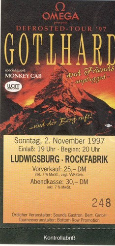 GOTTHARD & Friends unplugged Defrosted Tour97 Eintrittskarte Ticket Sammlerstück
