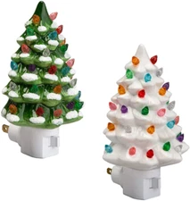 Fox Valley Traders Green and White Ceramic Tree Night Lights Set of 2