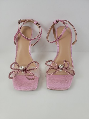 INC Womens 8M Pink Rhinestone Bow Square Toe Heels Sandals - Picture 2 of 7