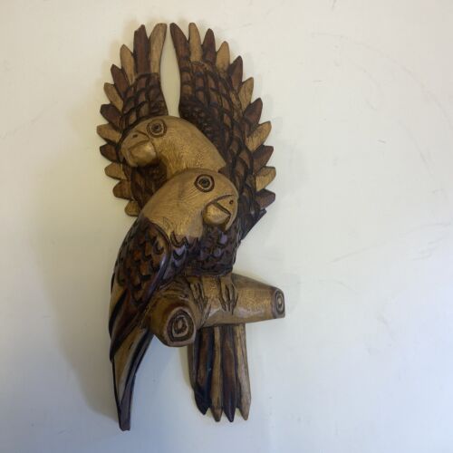 Vintage Tropical Hand Carved Wooden Wall Hanging Parrots Island Decor MCM Birds - Picture 1 of 10