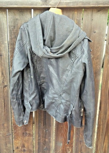 Black Rivet Faux Leather Black Moto Jacket S Small Hoodie Wilsons Damaged Holes - Picture 4 of 9