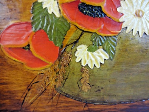 Vintage 80s Impasto on Wood Poppies Daisies Wheat in Copper Kettle Painting - Picture 2 of 7