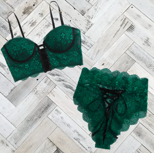 Sexy Forrest Green Scallop Trim Bralette & High Waist Panty Lingerie Set CUSTOM - Picture 2 of 8