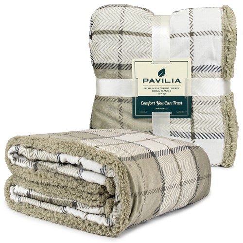 Plaid Sherpa Throw Blanket Fleece Checkered Soft Plush Warm Couch Bed Blanket - Picture 91 of 119