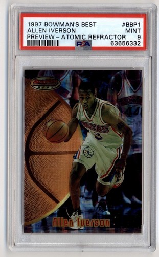 1997 Bowman's Best #BBP1 Allen Iverson Preview - Atomic Refractor PSA 9 Mint - Picture 1 of 2