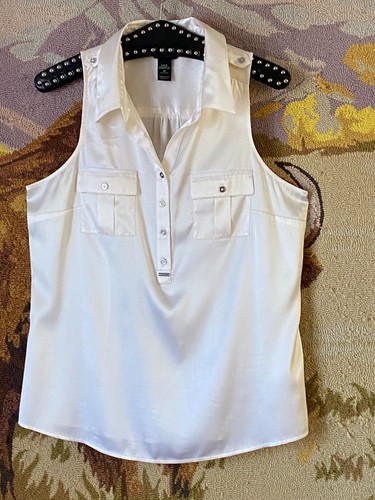 WHBM Sz 10 Women's Silk Stretch Blouse Popover Sleeveless Ivory 2 Pockets