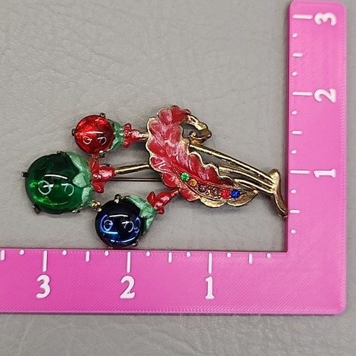 Vintage Flower Brooch Glass Cabochons Jewel Tones Red Enamel Leaf 3 1/8" - Picture 10 of 10