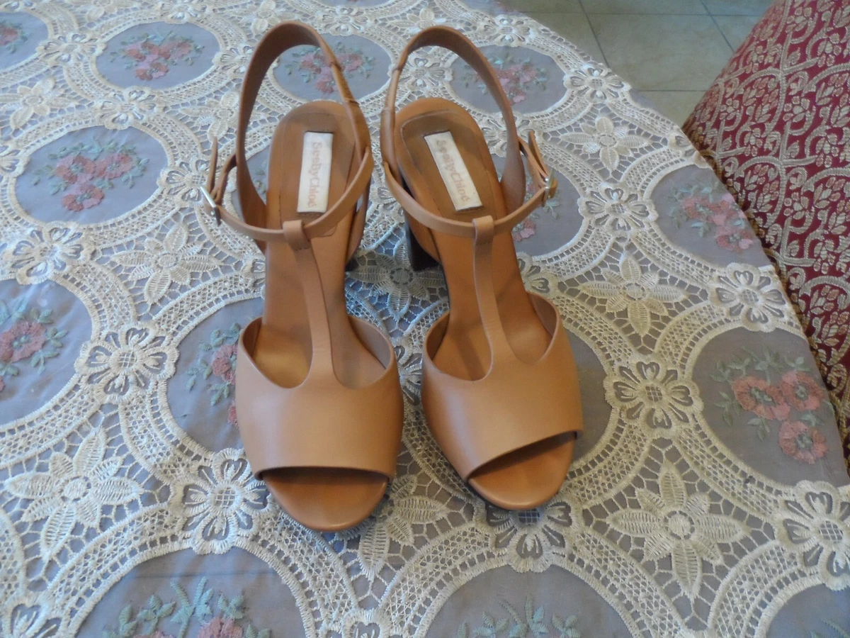 See by Chloe Brown Calf Leather Alex Platform T Strap Heels Size EU 38 US 37.5