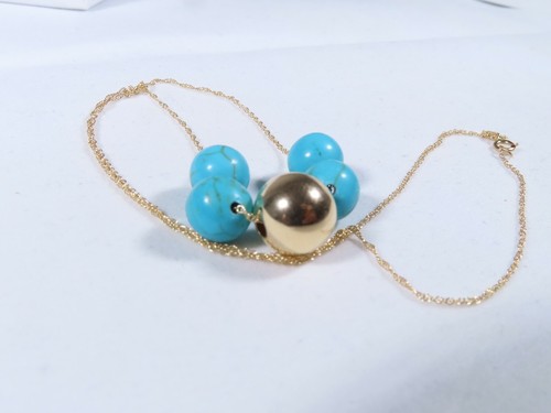 14K Yellow Gold and Turquoise Ball Bead Necklace - Picture 9 of 11