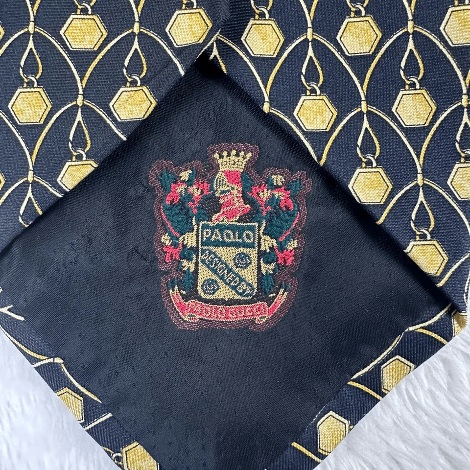 Corbata de colección Paolo Gucci 100 % seda ecuestre mordida de caballo azul y dorado preppy Foto 3 de 4