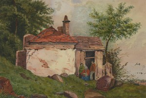 Late-19th-Century-Watercolour-Figures-Outside-a-Rural-Cottage