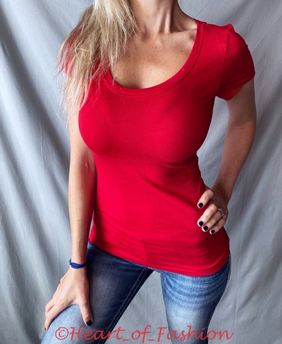 Damen Junior Basic tief ausgeschnitten tiefer U-Ausschnitt Kurzarm Stretch Oberteil T-Shirt - Bild 18 von 19