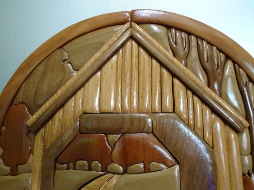 Scultura da parete in legno massello arte intarsiato "ponte coperto" firmata - Foto 4 di 11