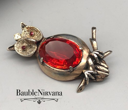 Vintage Figural Owl XL Large Red Faceted Center Body Stone Sterling Silver Pin - Picture 3 of 5