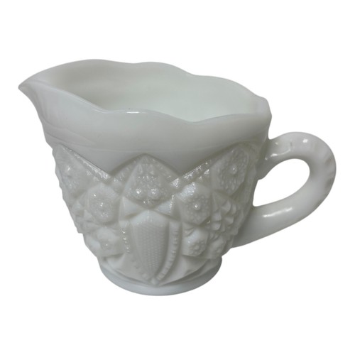 Vintage McKee White Milk Glass Toltec Creamer Textured Etched - Picture 2 of 15