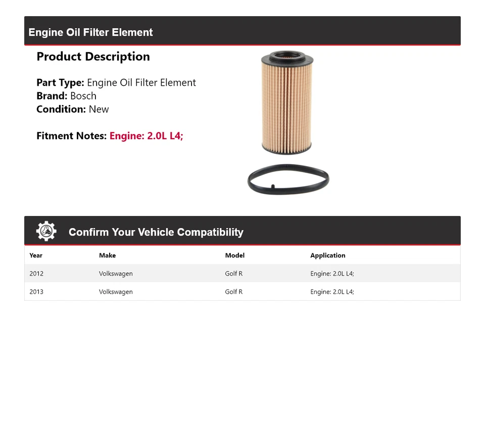 Filtro de aceite premium Bosch para Volkswagen Golf R 2012-2013 2,0 L L4 Foto 2 de 3
