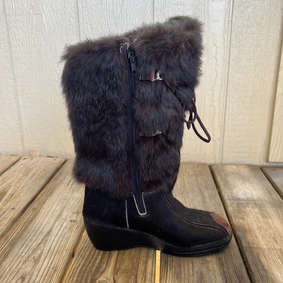 $399 PAJAR Botas de cuña de invierno forradas de lana con pelo de becerro de piel de zorro marrón 7,5 EE. UU. 38 UE Foto 4 de 4