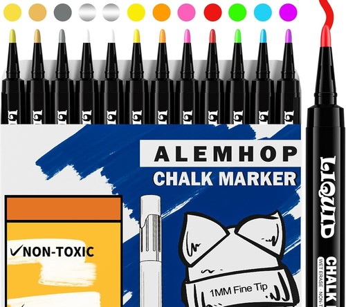 Chalk Markers - 12 Vibrant, Erasable, Fine Tip - Wet Erase Markers Fine Point