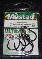 6 Pack Mustad R10814NPBN-50 Ringed Hoodlum 5X Strong Live Bait Hooks Size 5/0