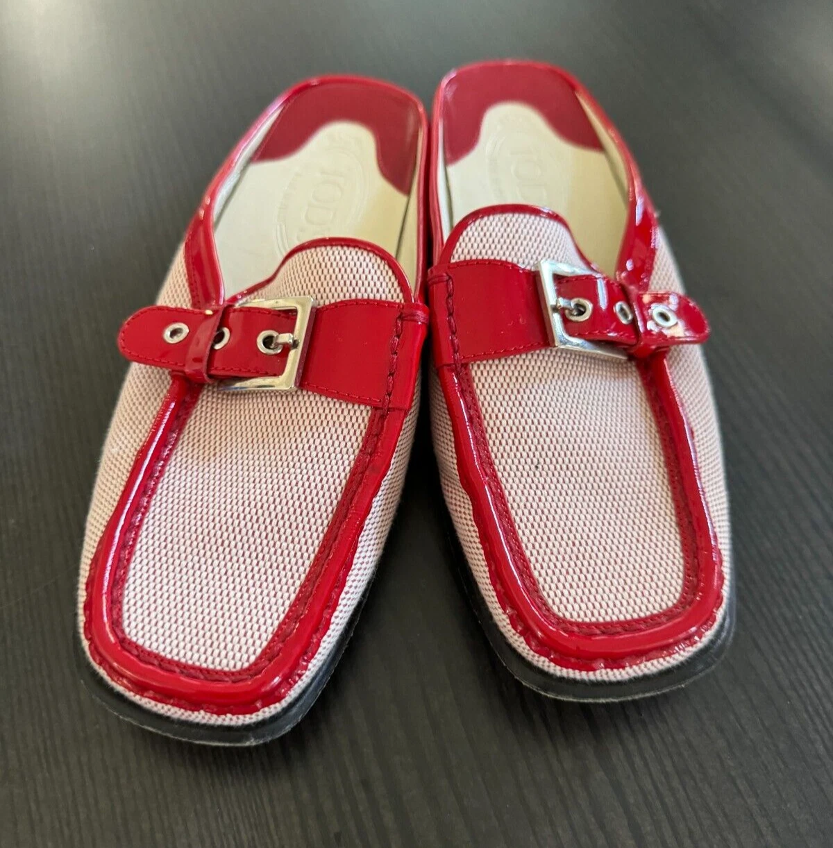 TOD’S TOD'S Italy Mules Mocassini Rosso Pelle Verniciata "Pellame Check" Taglia 7