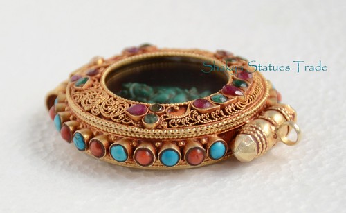 Silber vergoldet Türkis Koralle Steine Gau Ghau Gebetskasten Anhänger aus Nepal - Bild 4 von 6