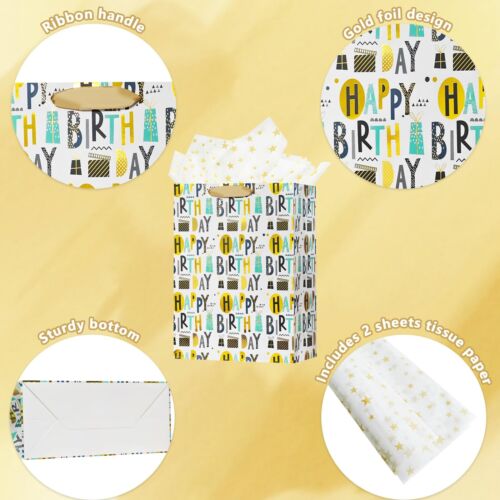 12.6" Medium Happy Birthday Gift Bag with Handles for Women Men Kids Boy Girl... - Picture 2 of 5