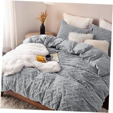 Fluffy Comforter Set, Grey Plush Fleece Queen 01 - Grey - Fuzzy Cable Stripe