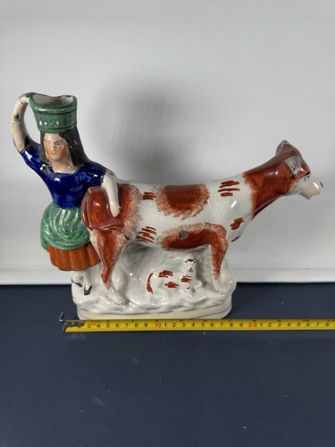 Staffordshire Flatback Cow Milk Creamer with Dairy Girl With Pitcher Circa 1900 - Picture 22 of 22