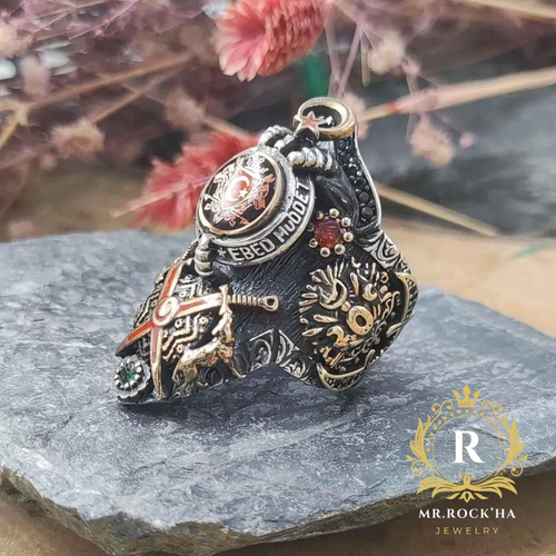 Seal of Ottoman,Archer Engraving,Red Zircon Stone,925 K Silver Men's Thumb Ring - Picture 5 of 14