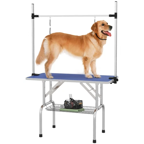 PawHut Metal Adjustable Dog Grooming Table Rubber Top 2 Safety Slings Mesh