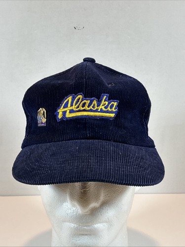 Vintage Alaska Mütze Kappe Druckknopflasche Cord Schriftzug Spruch Trucker Skagway Pin