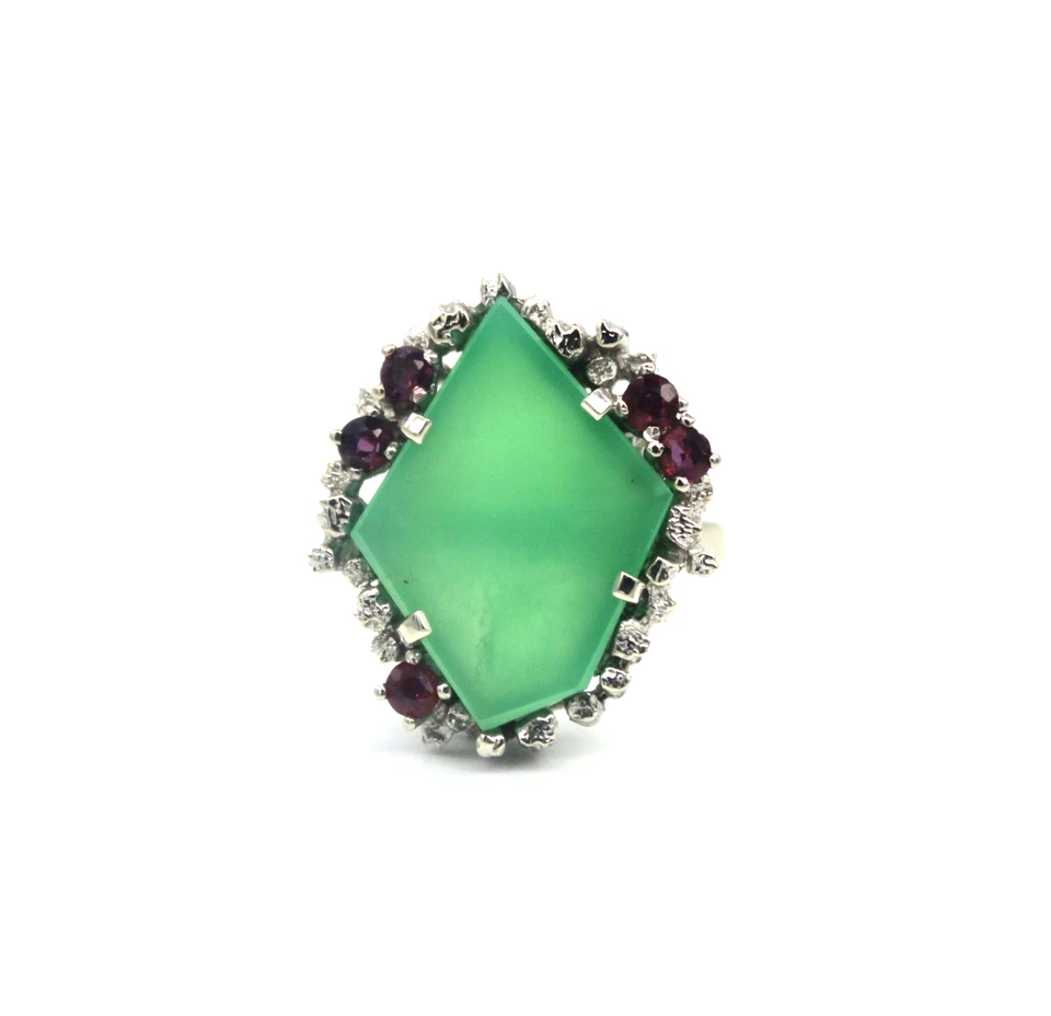 585 Weißgold Antik Stil 70er Jahre Ring Chrysopras Rubin Damenring RW 55