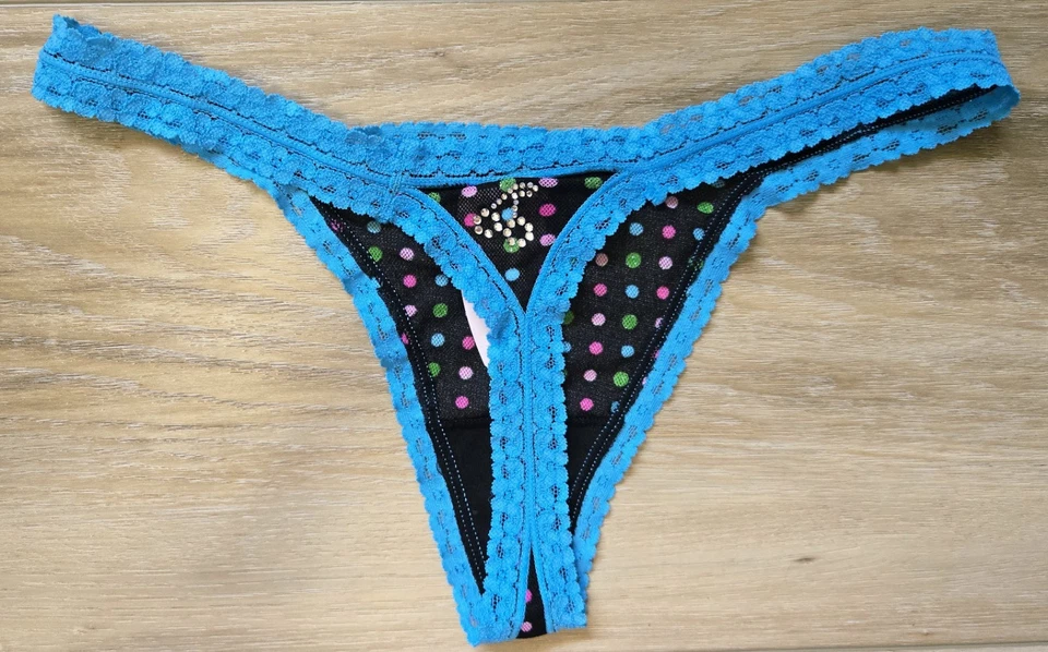 Nuevo con etiquetas Tanga Bragas Victoria's Secret De Colección Negro Lunares Malla Ribete Encaje S Foto 2 de 3