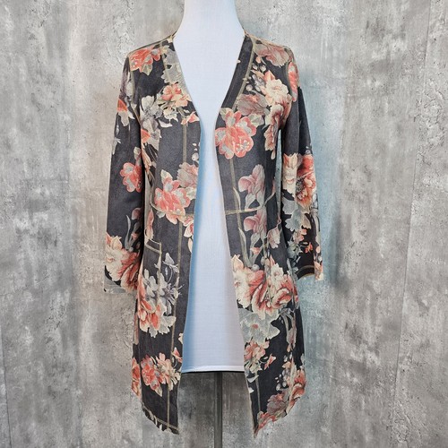 SOLITAIRE Anthropologie M Floral Faux Suede Open Front Trench Coat Boho Chic - Picture 2 of 10