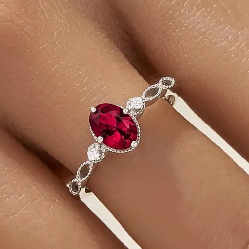 3.20Ct Oval Natural Ruby Diamond Gemstone Three Stone Ring 950PT Platinum Plated - Picture 4 of 16