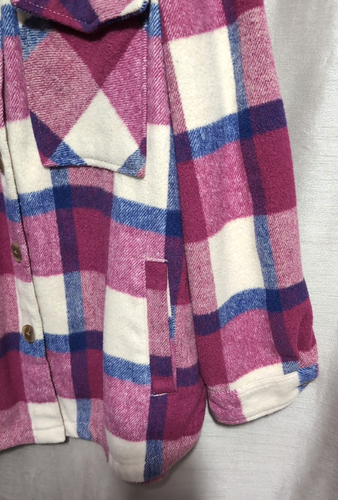 Women's Flannel Shacket Size XL Button Up Long Sleeve Warm Plaid Purple Pink - Picture 9 of 18