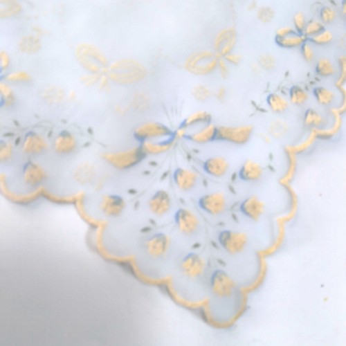 Transparentes blaues Einstecktuch beflockt blau & cremeweiß Schleifen & Blumen Taschentuch 14" quadratisch - Bild 3 von 5