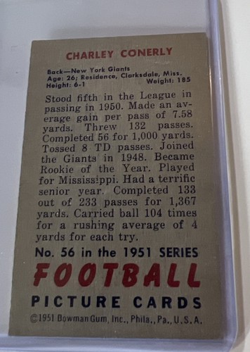 1951 Bowman Set Break # 56 Charley Conerly EX-EXMINT - Picture 2 of 2