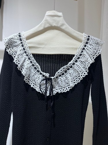Doen Spitzenkragen Schwarz Strick Seide Kurz Cardigan Sexy Tops Damen 2025 Retro - Bild 7 von 8
