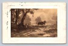 Early 20th Century Rural Scene Postcard with Horses and Family by Riverbank