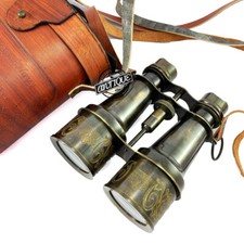 Antique Binocular Marine Brass Engraved Spyglass with Leather Box Nautical Decor