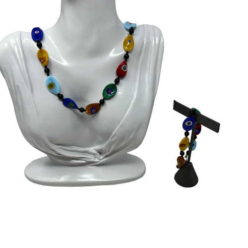 Art Glass Necklace Bracelet Multicolor Red Blue Green Eye Beads - Picture 2 of 7